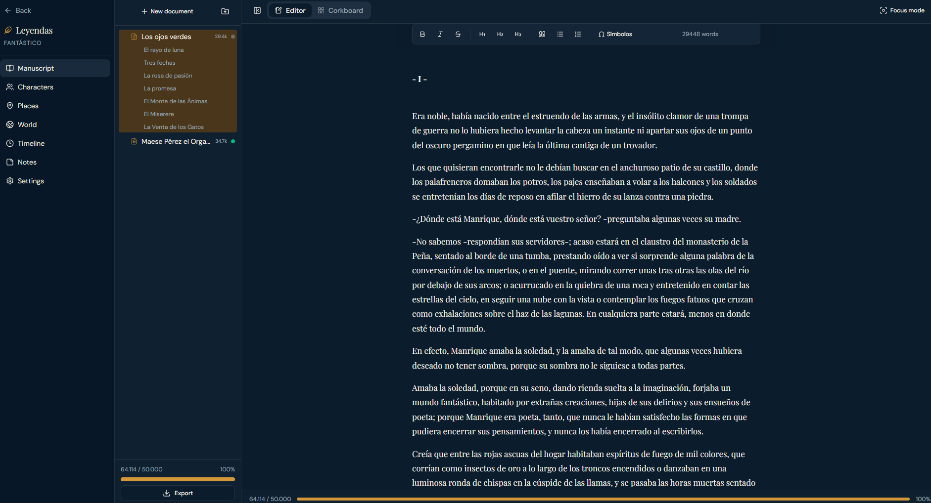Editor de Tintero mostrando un manuscrito con contador de palabras